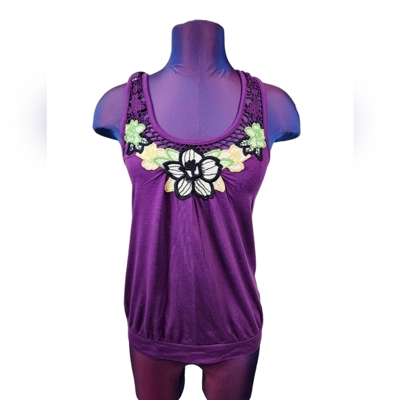 Energie Purple Crocheted Racerback Floral Embroidered Tank Top Women's Small - Picture 9 of 9